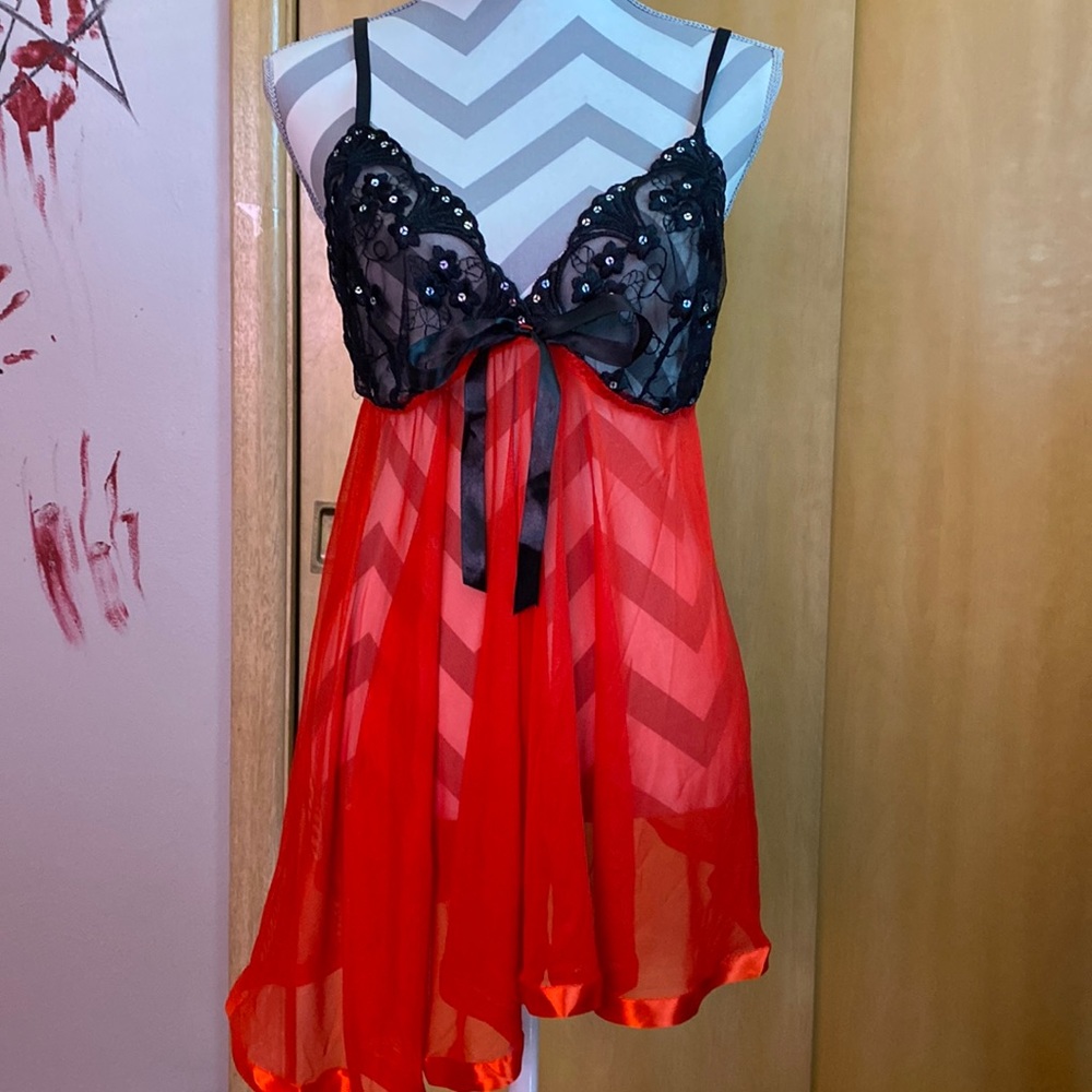 Red and black lingerie slip dress.